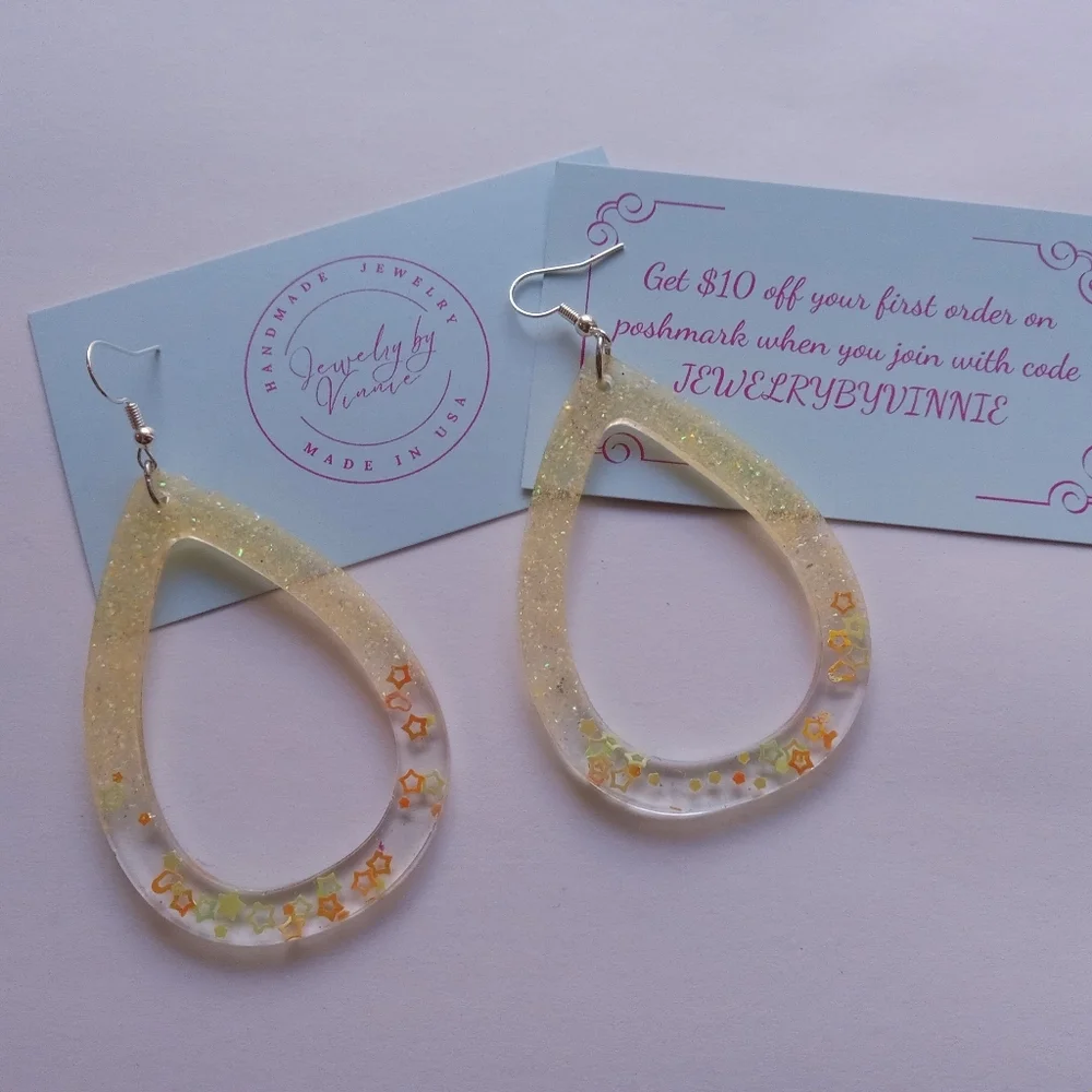 Hand Crafted Glittering Teardrop Earrings - Gold and Orange - Picture 2 of 7